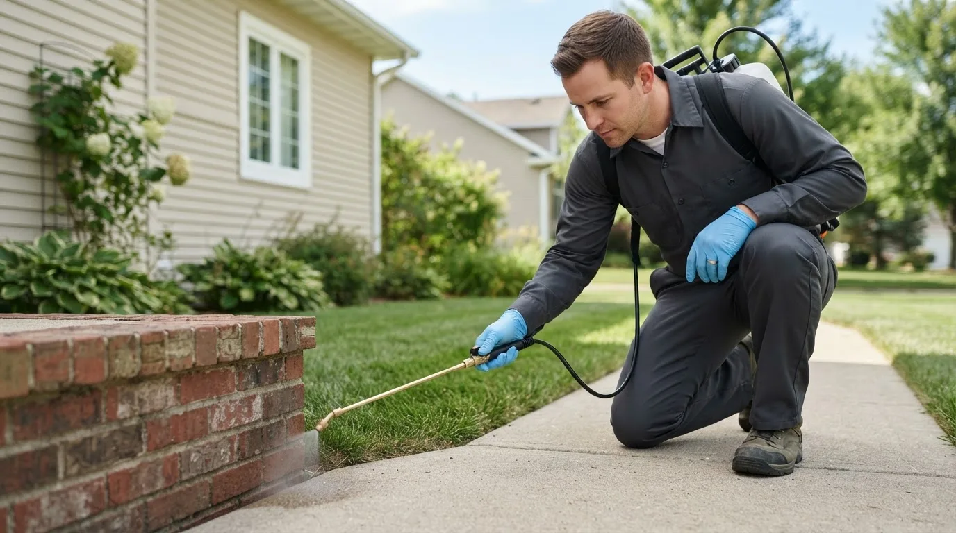 Pest control technician treating a home near Eaton, CO